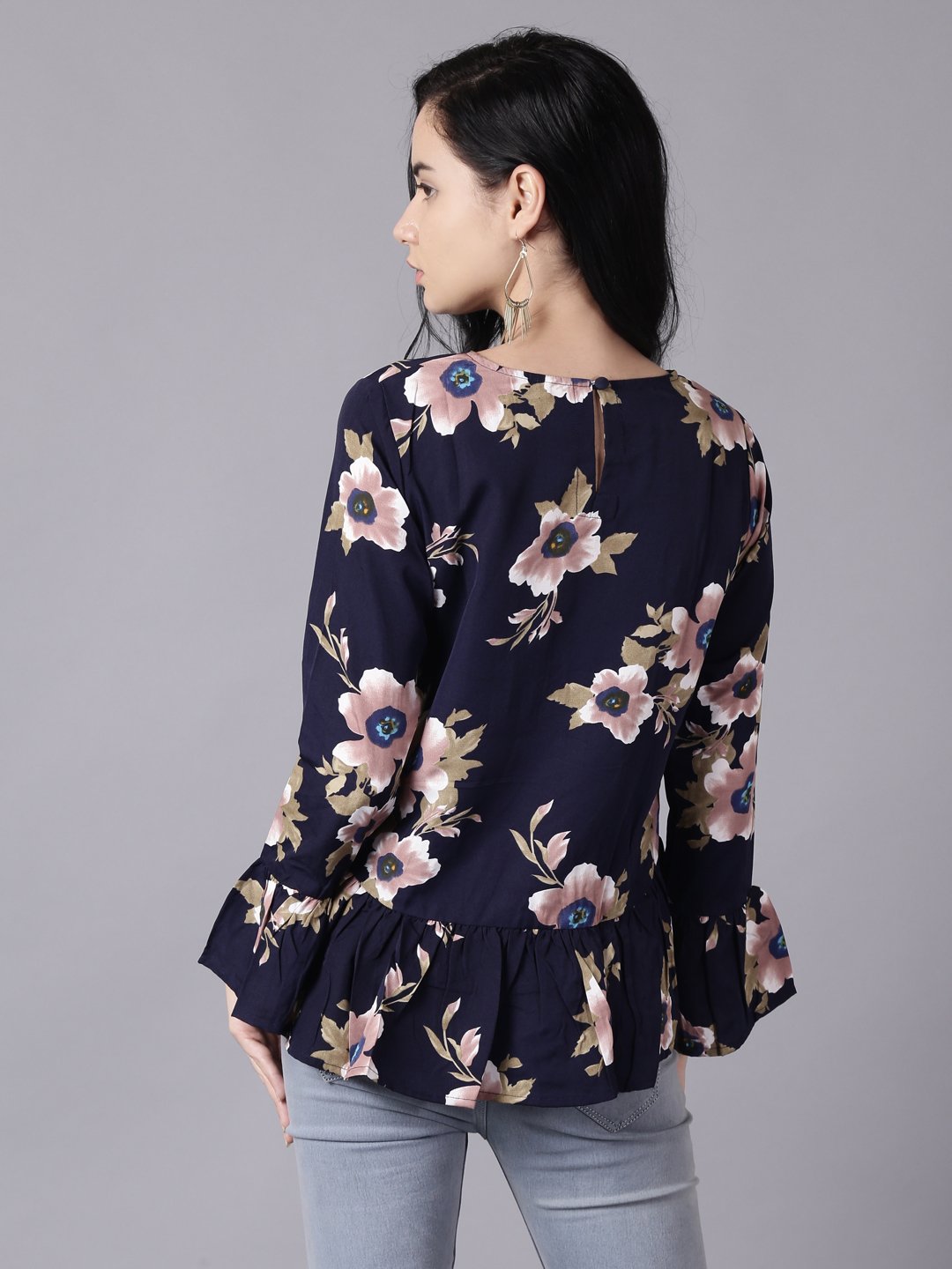 Women Navy Blue Casual Printed Round Neck Top | LASVINI - Redefining Indian Fashion with Elegance