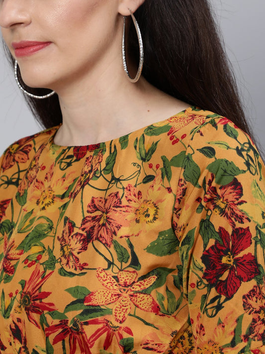 Women Mustard Printed Maxi Dress With Flared Sleeves | LASVINI - Redefining Indian Fashion with Elegance