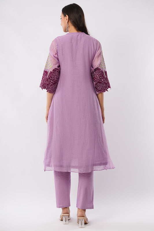 Women Lavender Mul Chanderi Party Wear Kurti Set With Dupatta | LASVINI