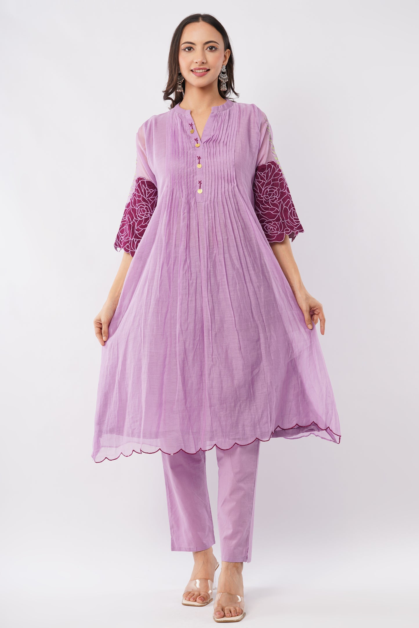 Women Lavender Mul Chanderi Party Wear Kurti Set With Dupatta | LASVINI