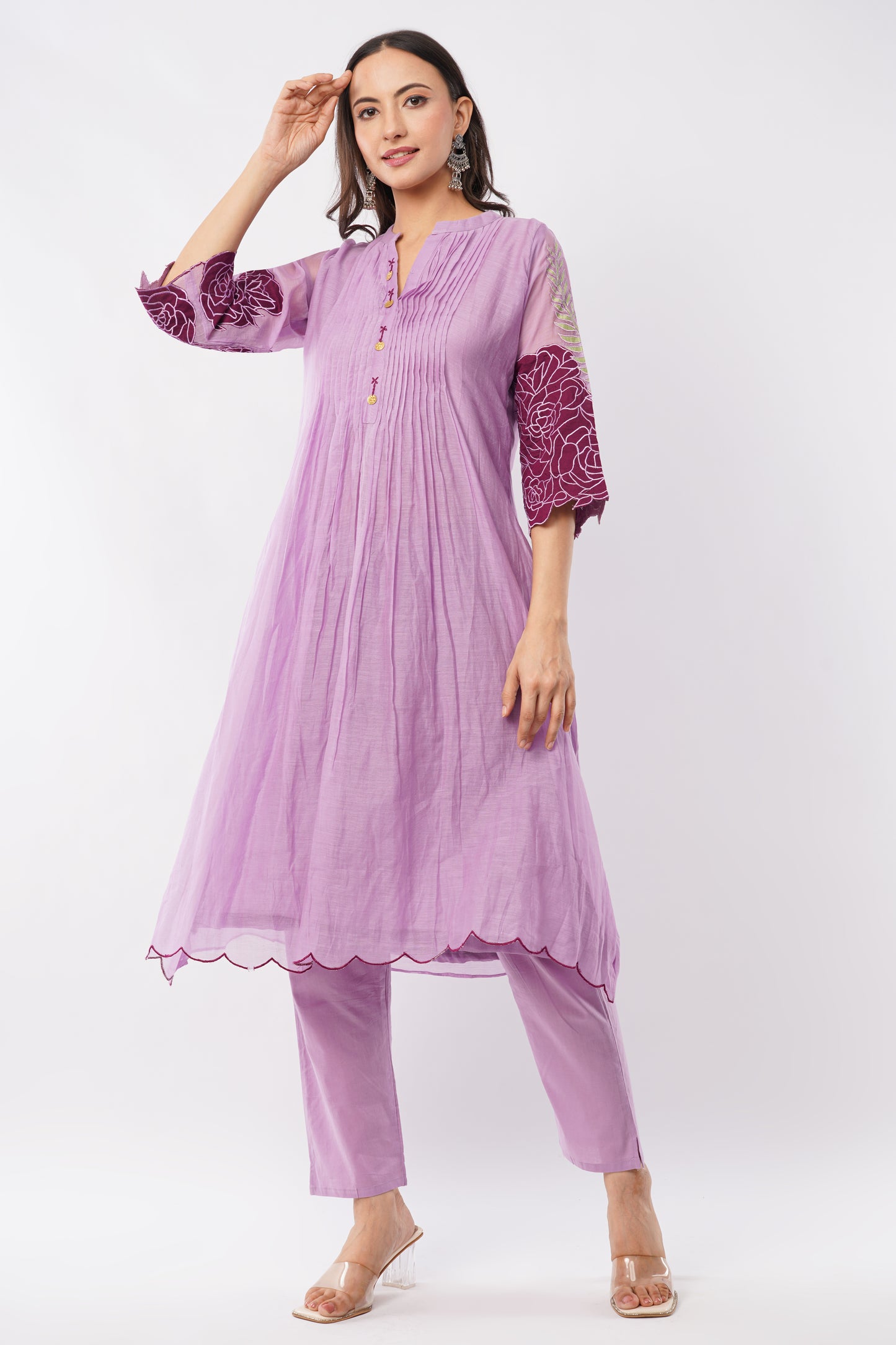 Women Lavender Mul Chanderi Party Wear Kurti Set With Dupatta | LASVINI