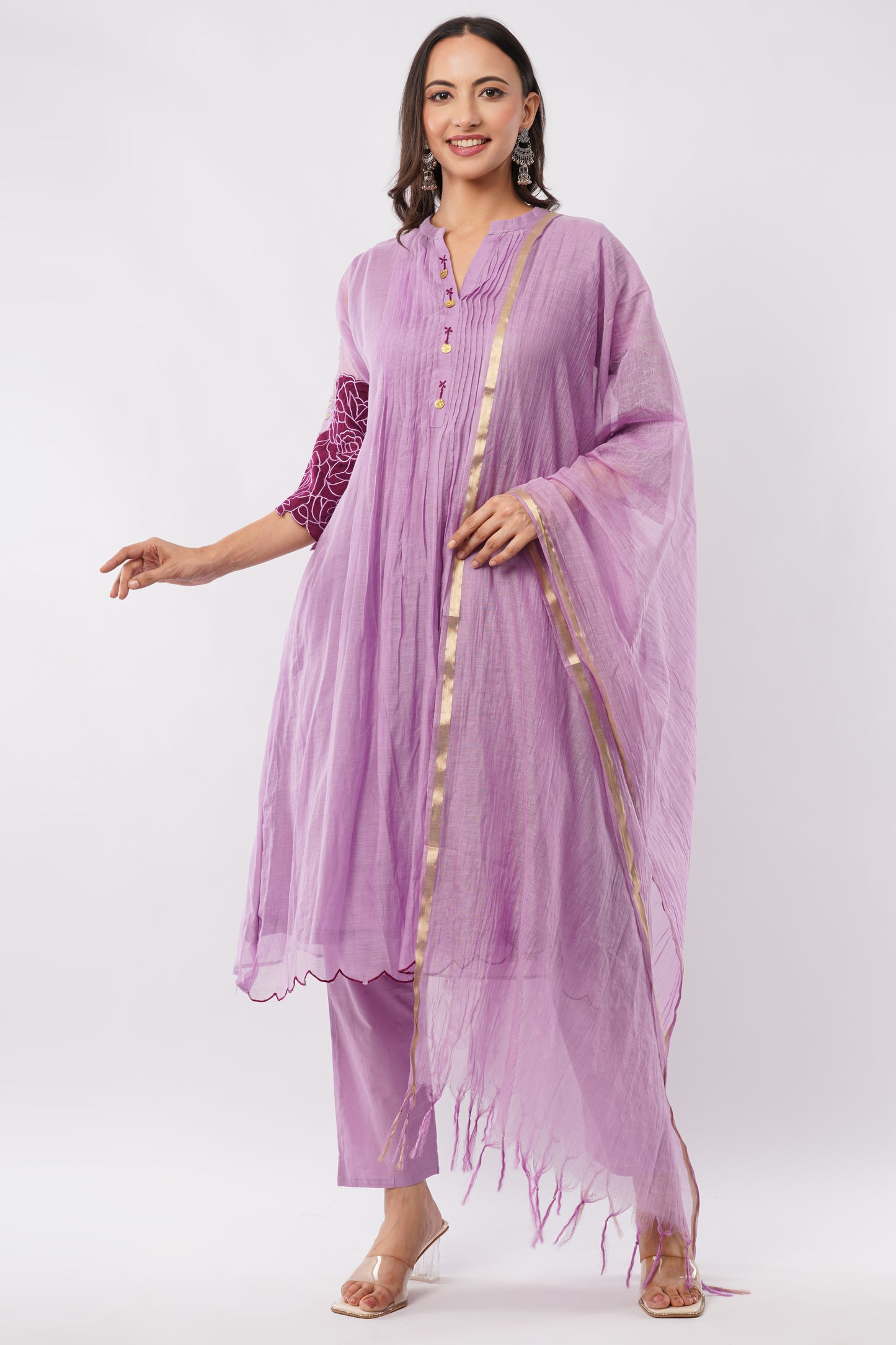 Women Lavender Mul Chanderi Party Wear Kurti Set With Dupatta | LASVINI