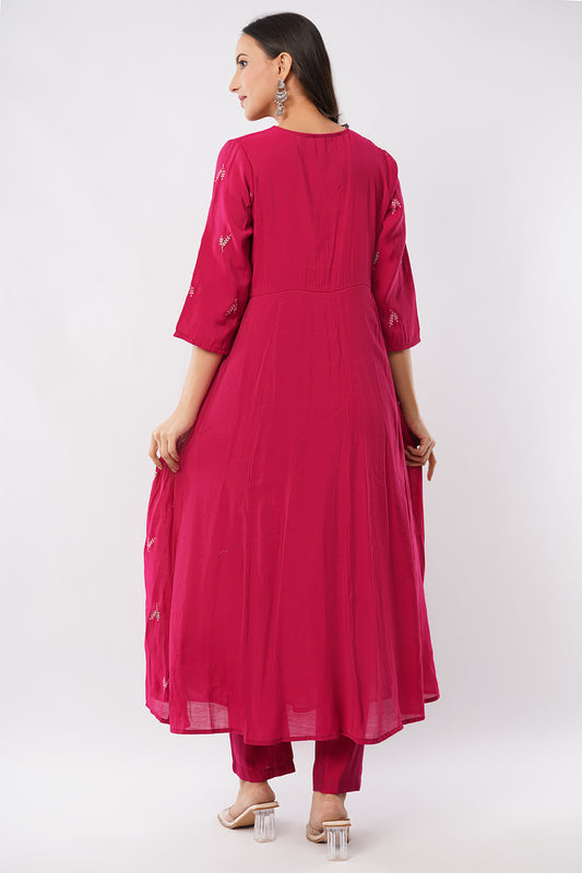 Women Red Embroidered Mul Chanderi Party Wear Kurti Set with Dupatta | LASVINI