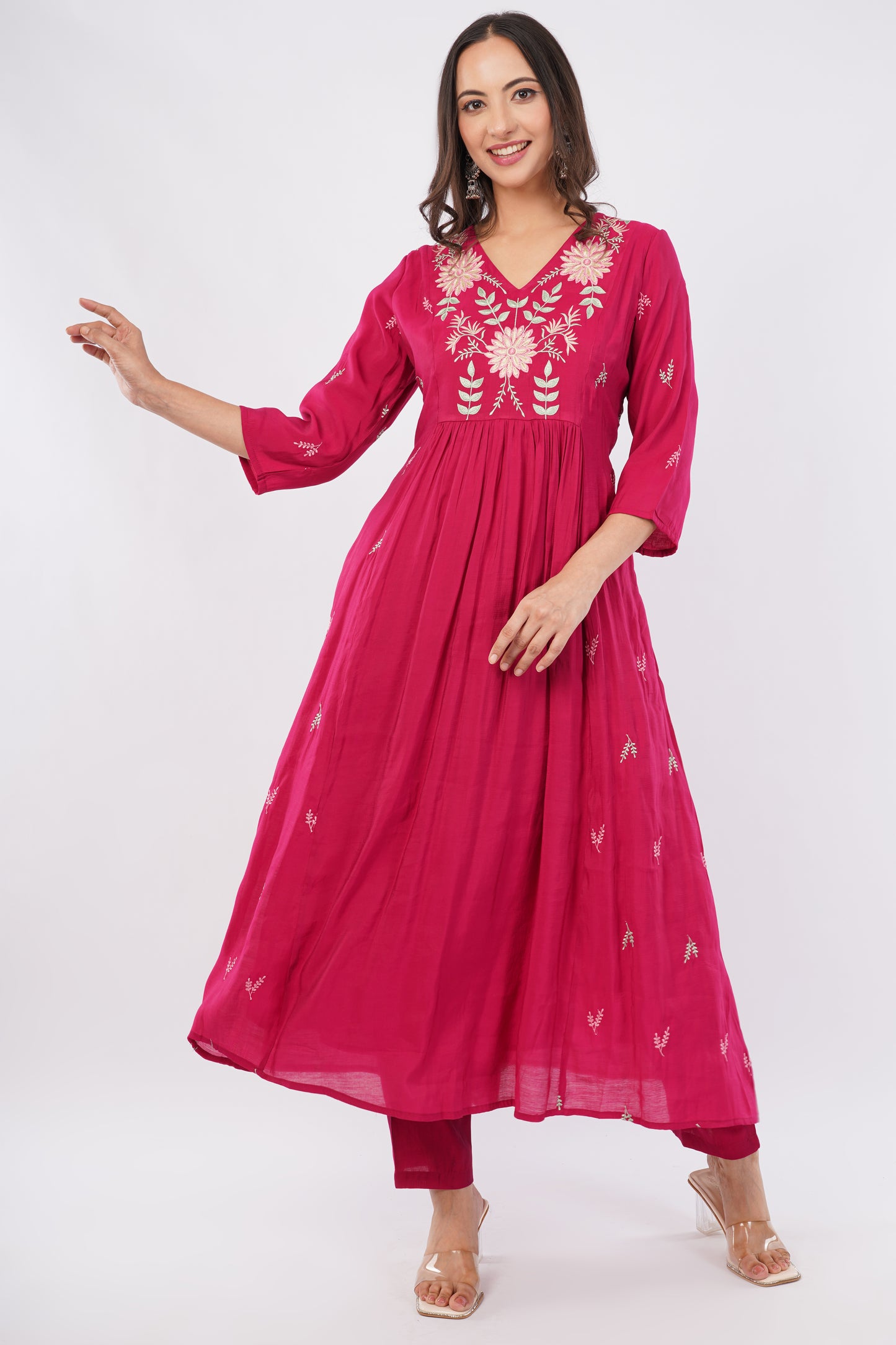 Women Red Embroidered Mul Chanderi Party Wear Kurti Set with Dupatta | LASVINI