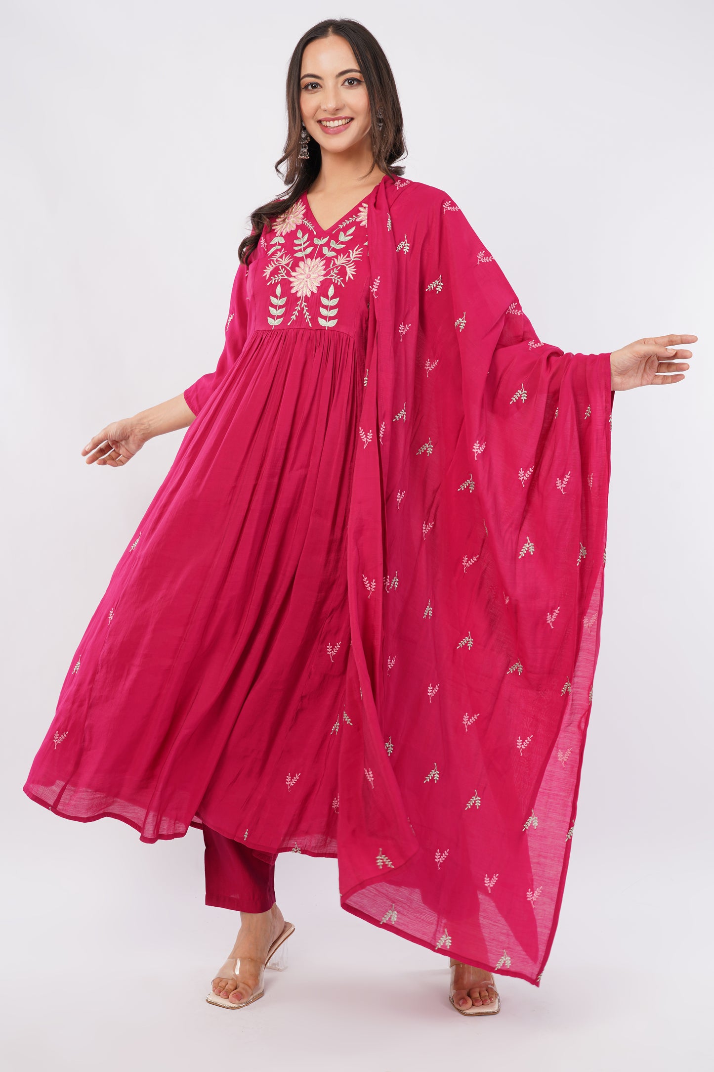 Women Red Embroidered Mul Chanderi Party Wear Kurti Set with Dupatta | LASVINI