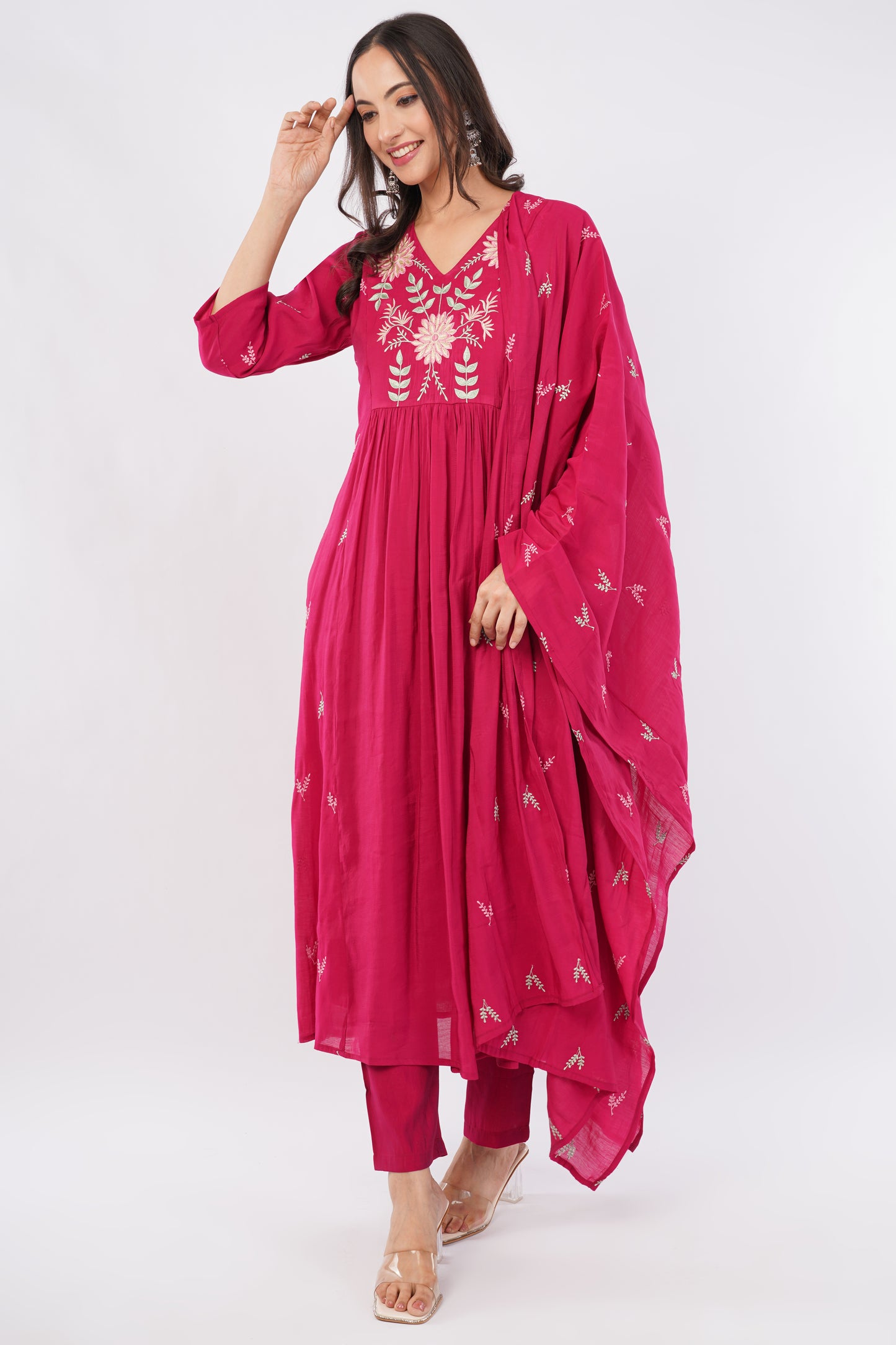 Women Red Embroidered Mul Chanderi Party Wear Kurti Set with Dupatta | LASVINI