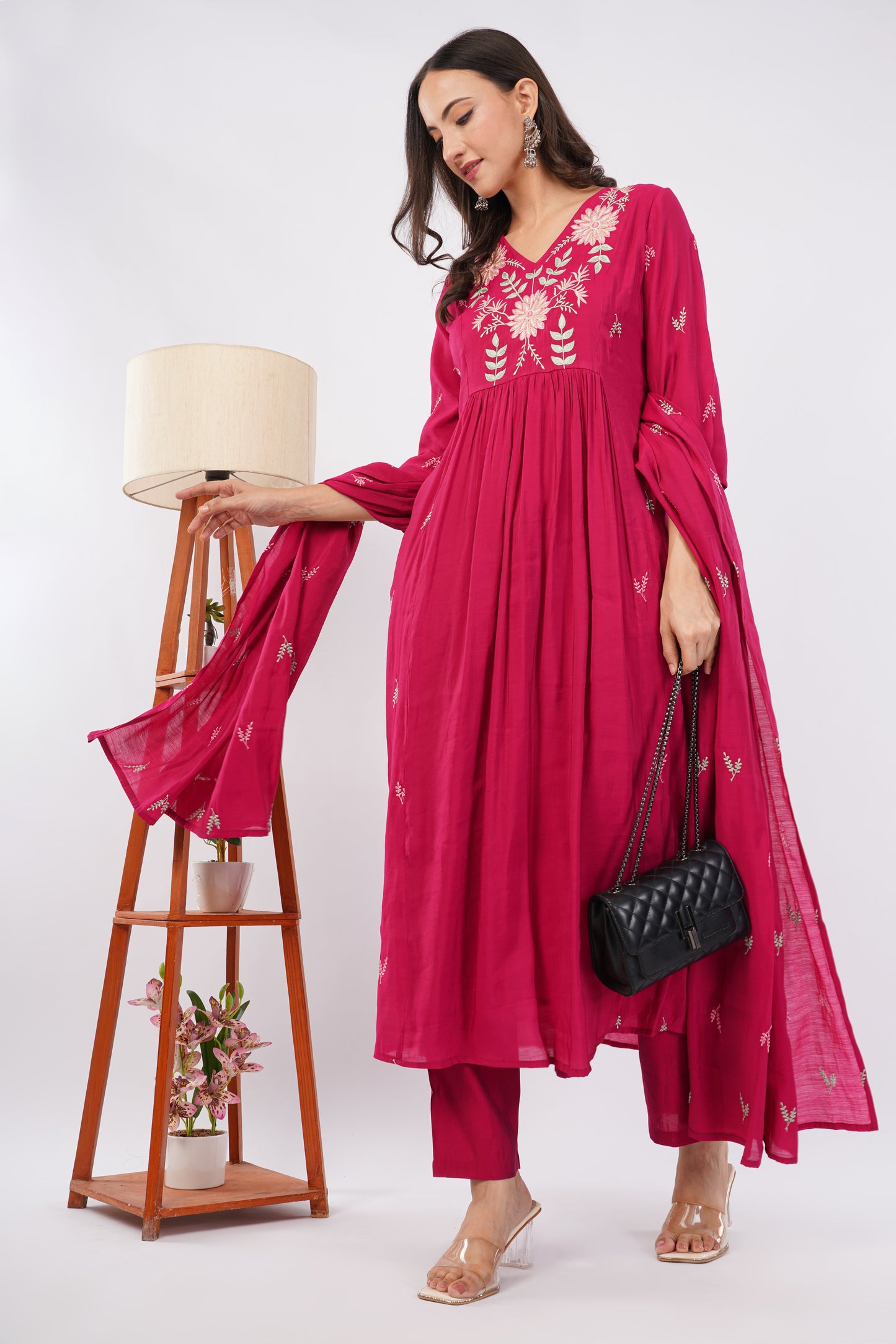 Women Red Embroidered Mul Chanderi Party Wear Kurti Set with Dupatta | LASVINI