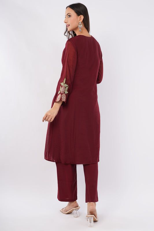 Women Maroon Embroidered Mul Chanderi Party Wear Kurti Set With Dupatta | LASVINI