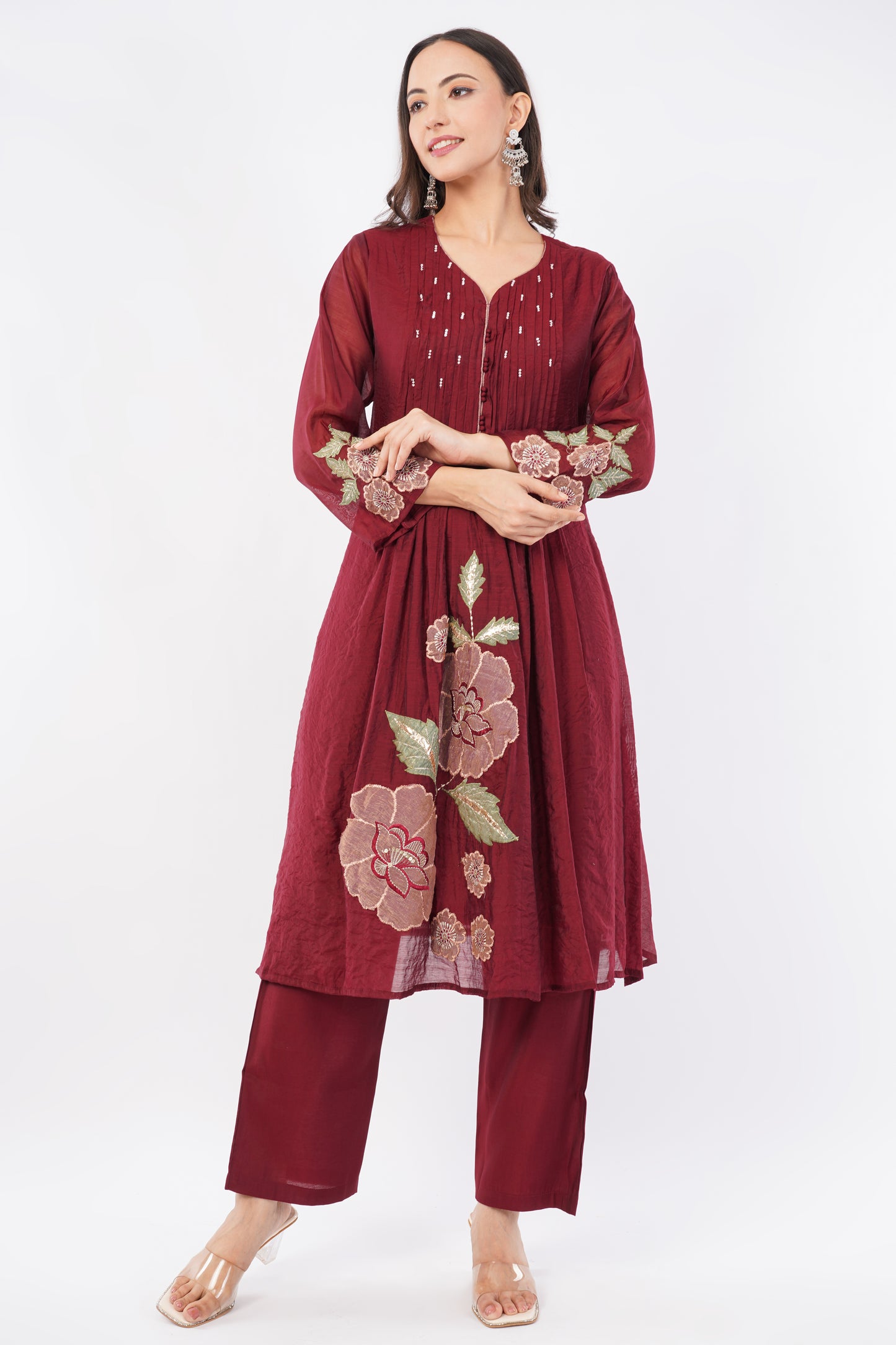 Women Maroon Embroidered Mul Chanderi Party Wear Kurti Set With Dupatta | LASVINI