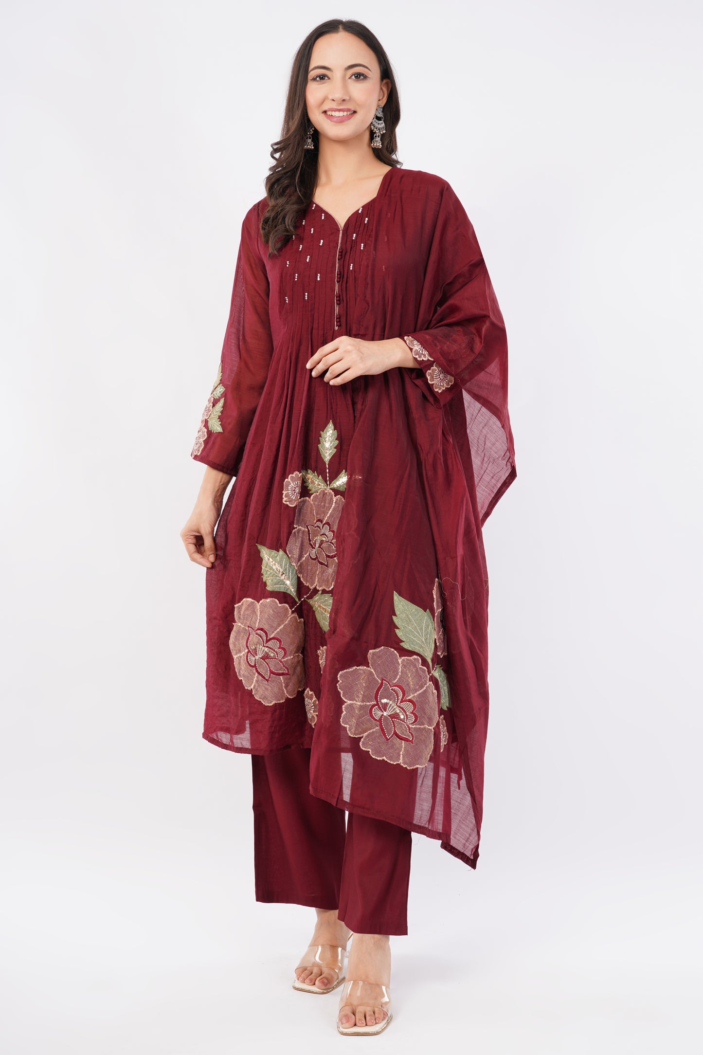 Women Maroon Embroidered Mul Chanderi Party Wear Kurti Set With Dupatta | LASVINI