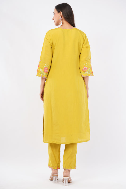 Women Yellow Embroidered Silk Blend Party Wear Kurti Set With Dupatta | LASVINI