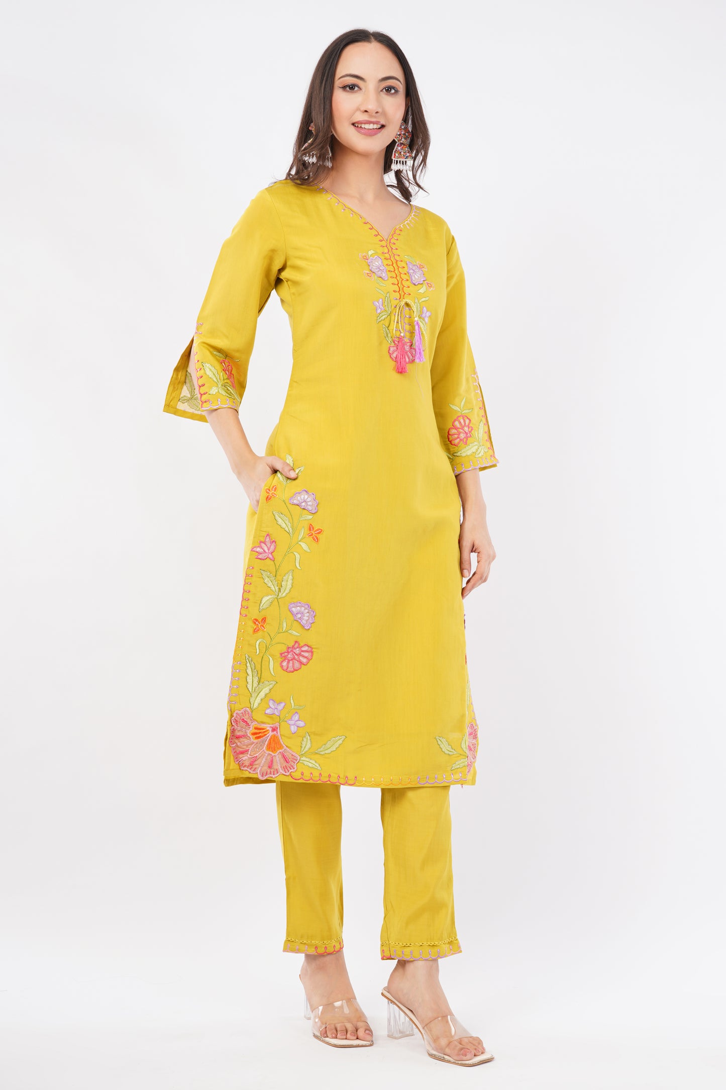 Women Yellow Embroidered Silk Blend Party Wear Kurti Set With Dupatta | LASVINI