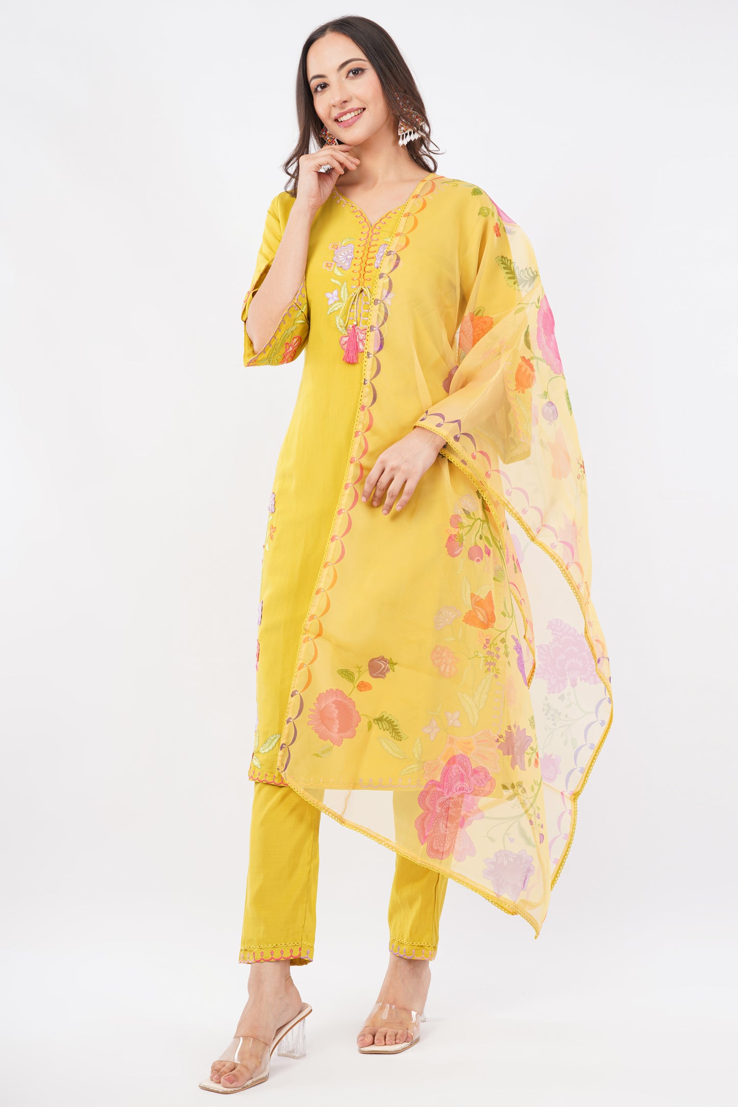 Women Yellow Embroidered Silk Blend Party Wear Kurti Set With Dupatta | LASVINI