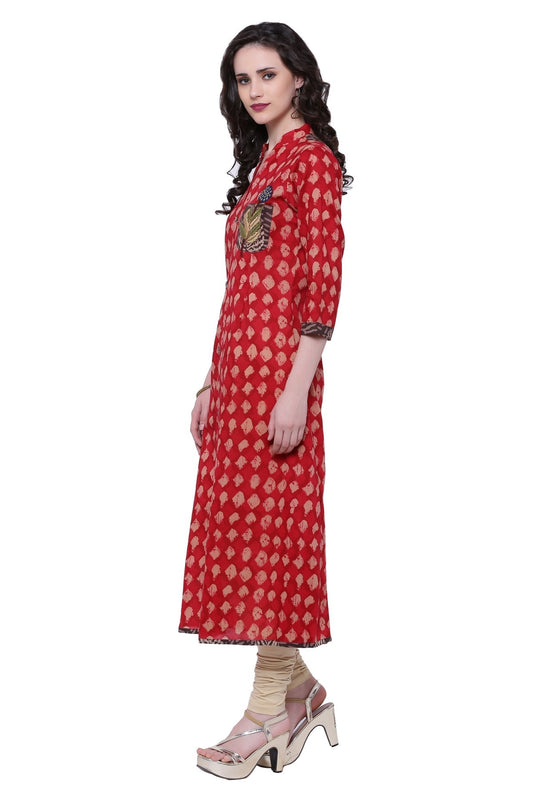 Women'S Red A-Line Cotton Long Kurta | LASVINI - Redefining Indian Fashion with Elegance