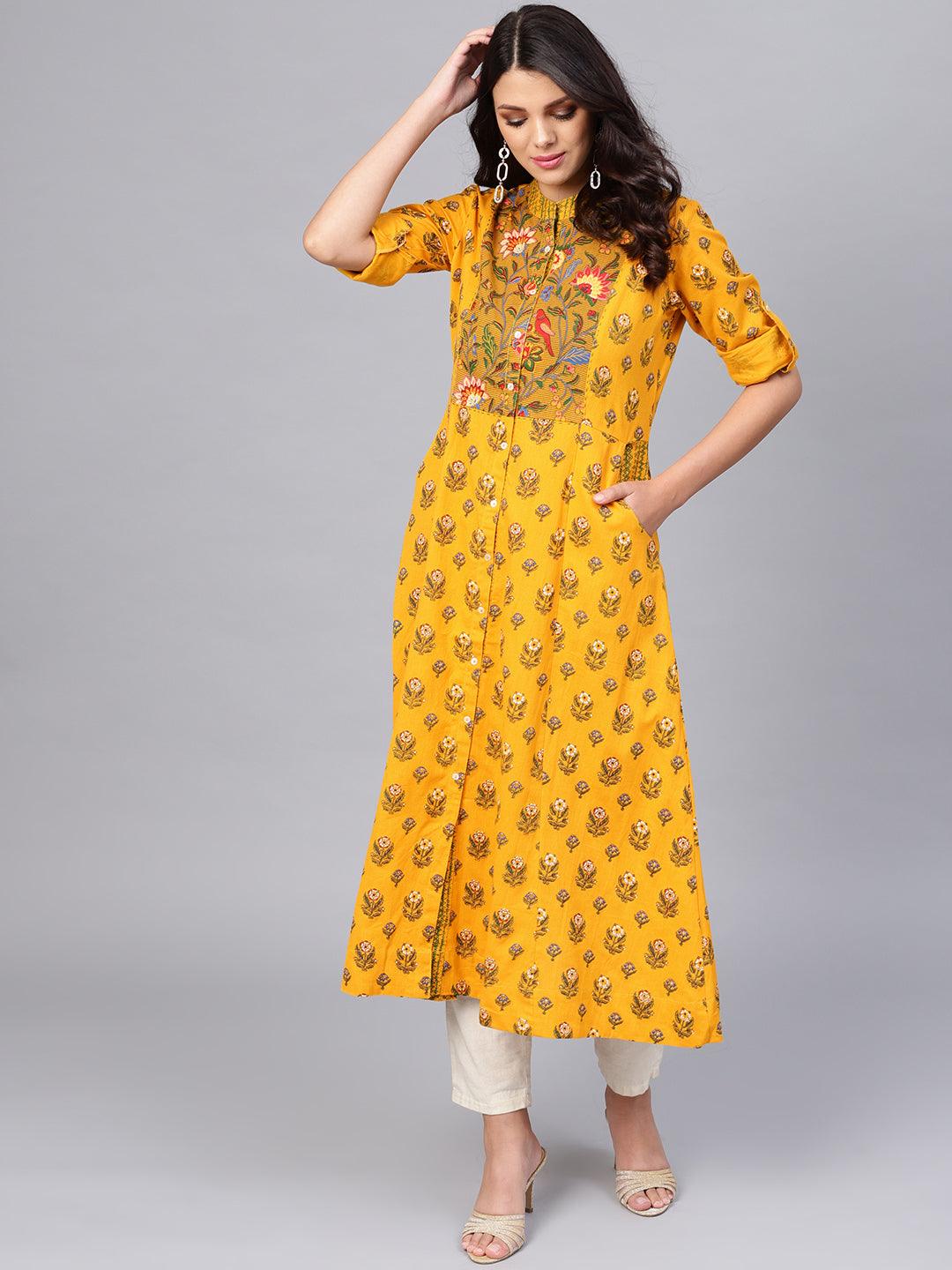 Yellow Printed Long Kurta | LASVINI - Redefining Indian Fashion with Elegance