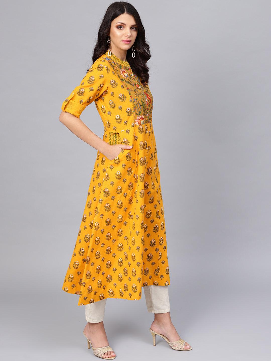 Yellow Printed Long Kurta | LASVINI - Redefining Indian Fashion with Elegance