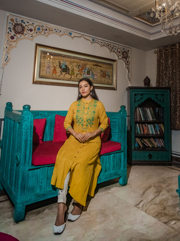 Women'S Yellow Regular A-Line Calf Long Kurta | LASVINI - Redefining Indian Fashion with Elegance