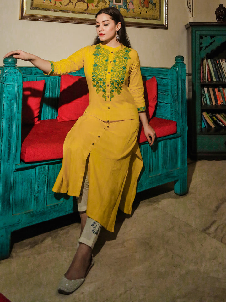 Women'S Yellow Regular A-Line Calf Long Kurta | LASVINI - Redefining Indian Fashion with Elegance