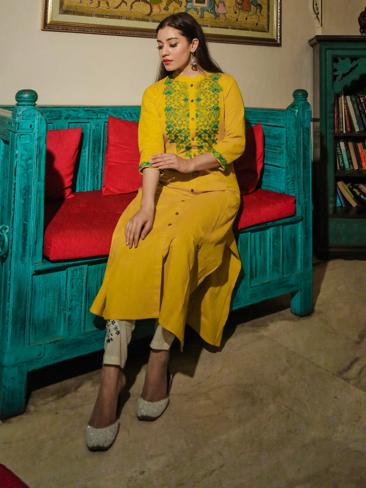 Women'S Yellow Regular A-Line Calf Long Kurta | LASVINI - Redefining Indian Fashion with Elegance