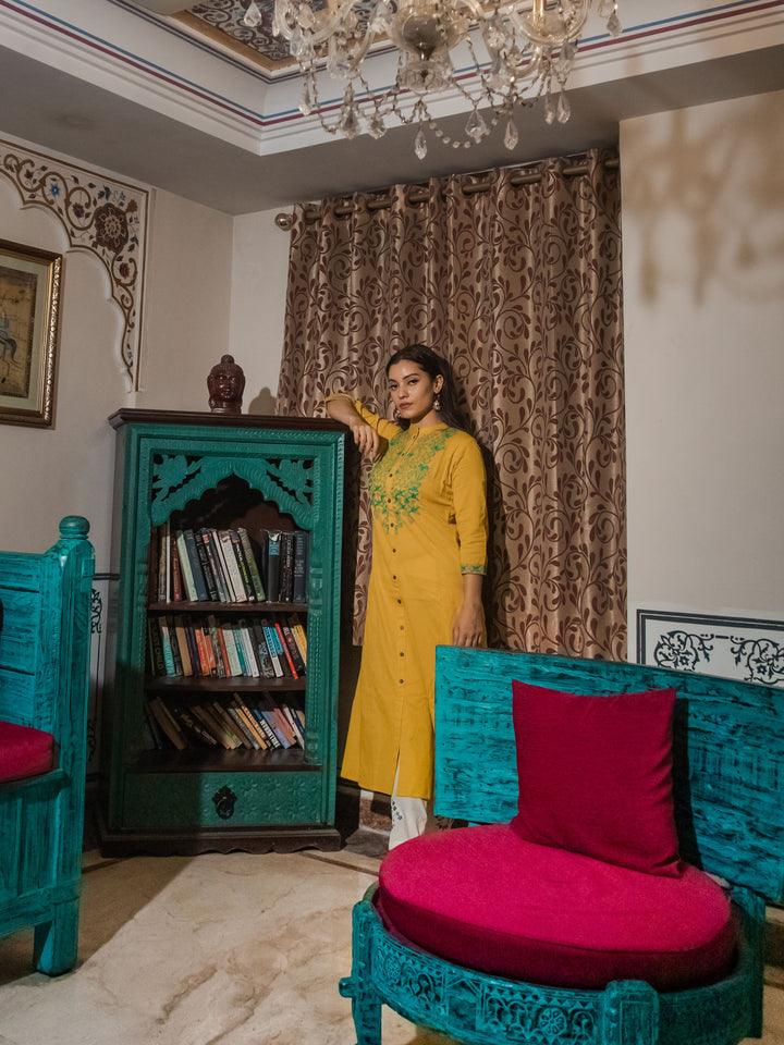 Women'S Yellow Regular A-Line Calf Long Kurta | LASVINI - Redefining Indian Fashion with Elegance