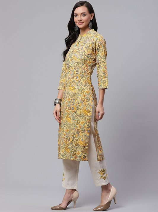 Women'S Yellow Cotton Kurti With Cotton Flex Pant Set | LASVINI - Redefining Indian Fashion with Elegance