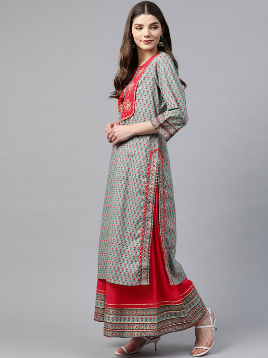 Women'S Red And Teal Green Printed Kurta Set With Palazzo | LASVINI - Redefining Indian Fashion with Elegance