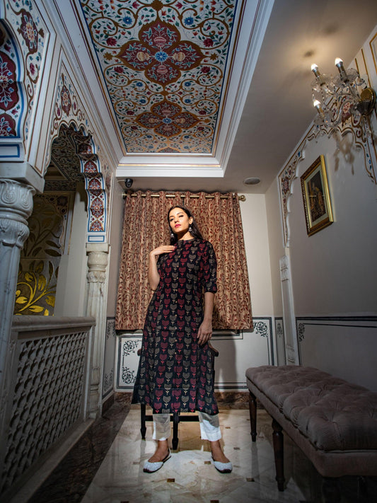 Black Cotton Flex A Line Kurta | LASVINI - Redefining Indian Fashion with Elegance