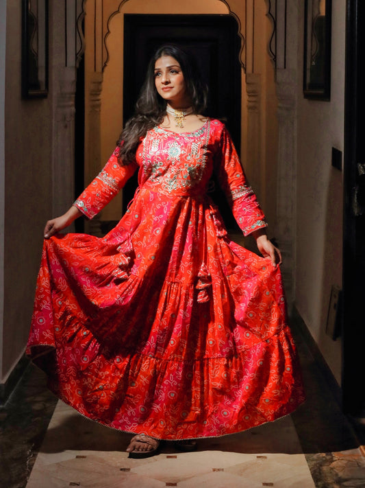 Women Bandhej Printed Anarkali Kurta | LASVINI - Redefining Indian Fashion with Elegance