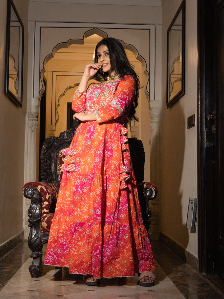 Women Bandhej Printed Anarkali Kurta | LASVINI - Redefining Indian Fashion with Elegance