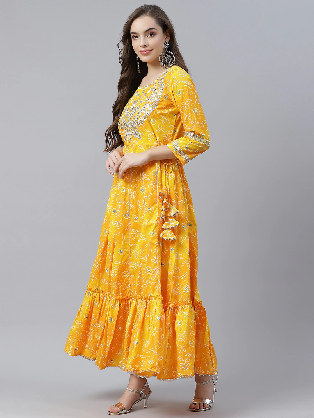 Women'S Yellow Cotton Flared Gota Work Bandhani Kurta | LASVINI - Redefining Indian Fashion with Elegance