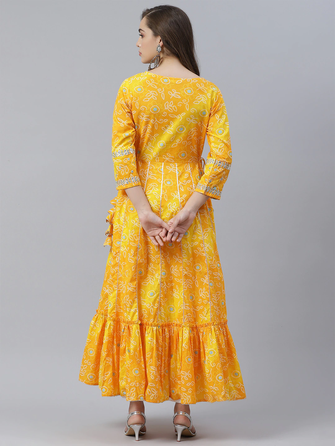 Women'S Yellow Cotton Flared Gota Work Bandhani Kurta | LASVINI - Redefining Indian Fashion with Elegance