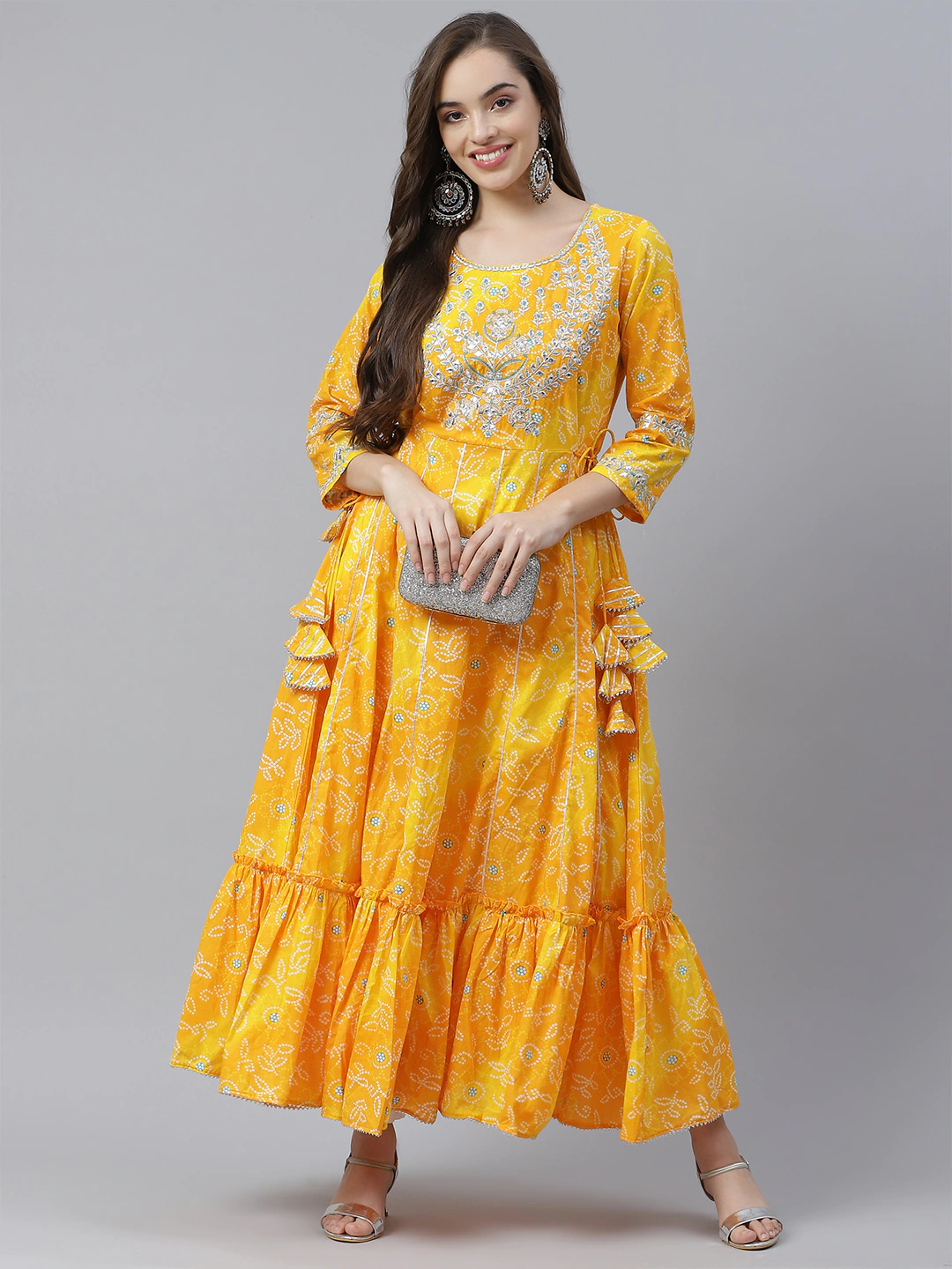 Women'S Yellow Cotton Flared Gota Work Bandhani Kurta | LASVINI - Redefining Indian Fashion with Elegance