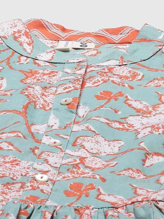 Women'S Green Floral Print Flared Short Top | LASVINI - Redefining Indian Fashion with Elegance