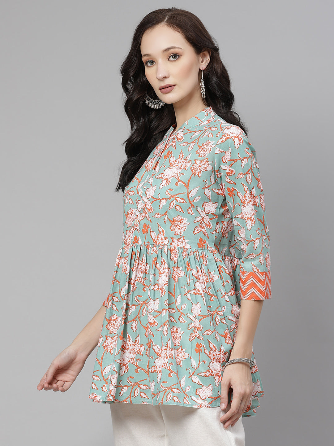 Women'S Green Floral Print Flared Short Top | LASVINI - Redefining Indian Fashion with Elegance