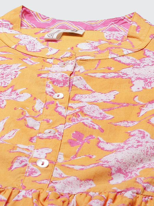 Women'S Mustard Floral Print Flared Short Top | LASVINI - Redefining Indian Fashion with Elegance