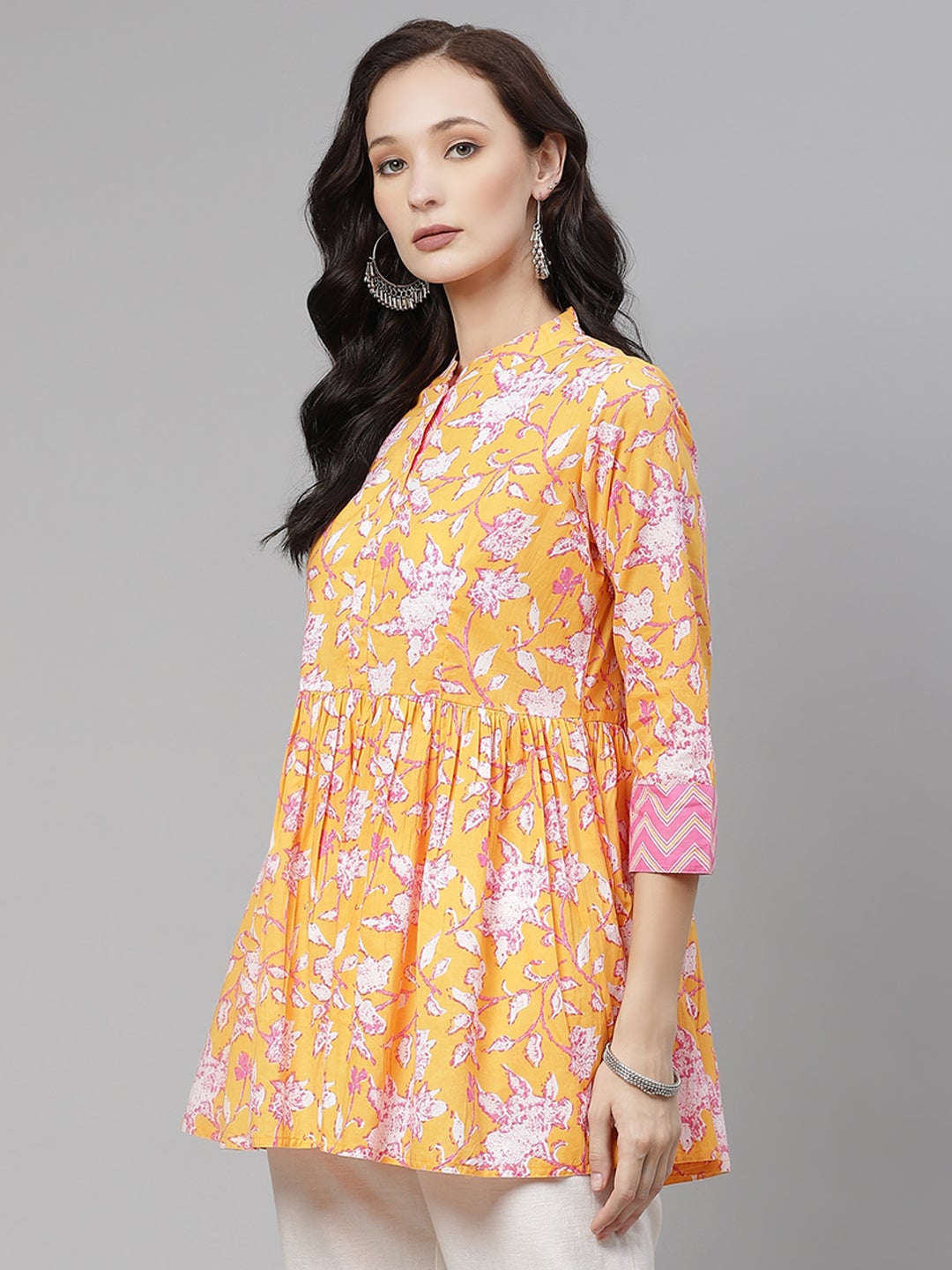 Women'S Mustard Floral Print Flared Short Top | LASVINI - Redefining Indian Fashion with Elegance