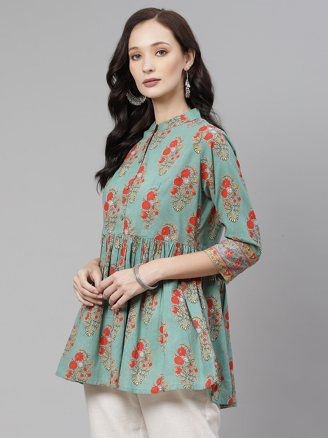 Women'S See Green Red Floral Short Top | LASVINI - Redefining Indian Fashion with Elegance