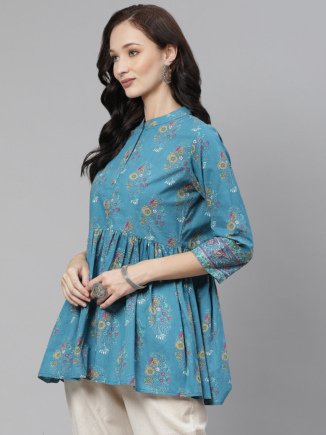Women'S Teal Floral Print Top | LASVINI - Redefining Indian Fashion with Elegance