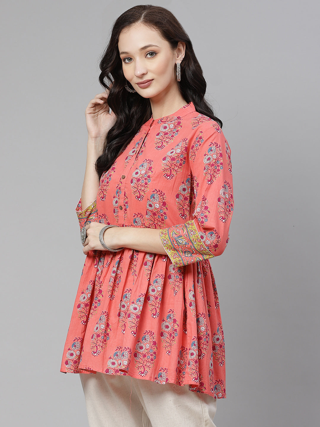 Women'S Peach Floral Print Short Top | LASVINI - Redefining Indian Fashion with Elegance