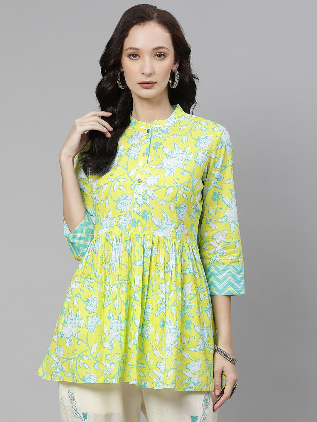 Women'S Lemon Yellow Printed Short Top | LASVINI - Redefining Indian Fashion with Elegance