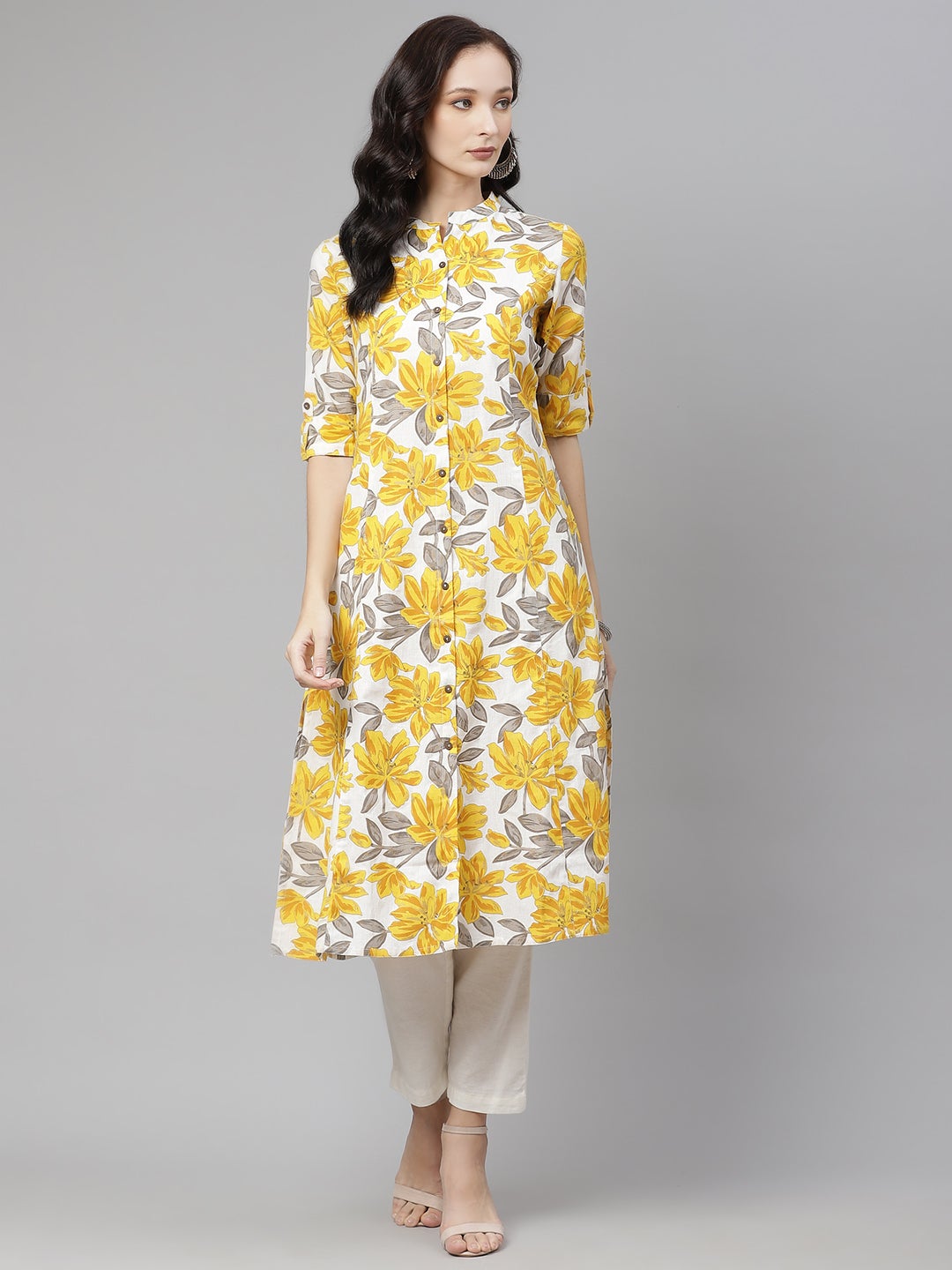 Women'S Yellow Floral Print Pure Cotton A-Line Kurta | LASVINI - Redefining Indian Fashion with Elegance