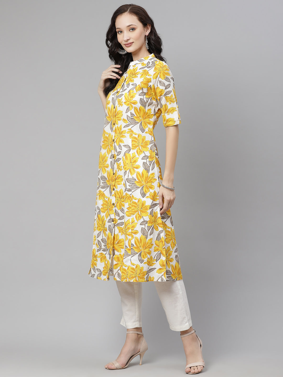 Women'S Yellow Floral Print Pure Cotton A-Line Kurta | LASVINI - Redefining Indian Fashion with Elegance