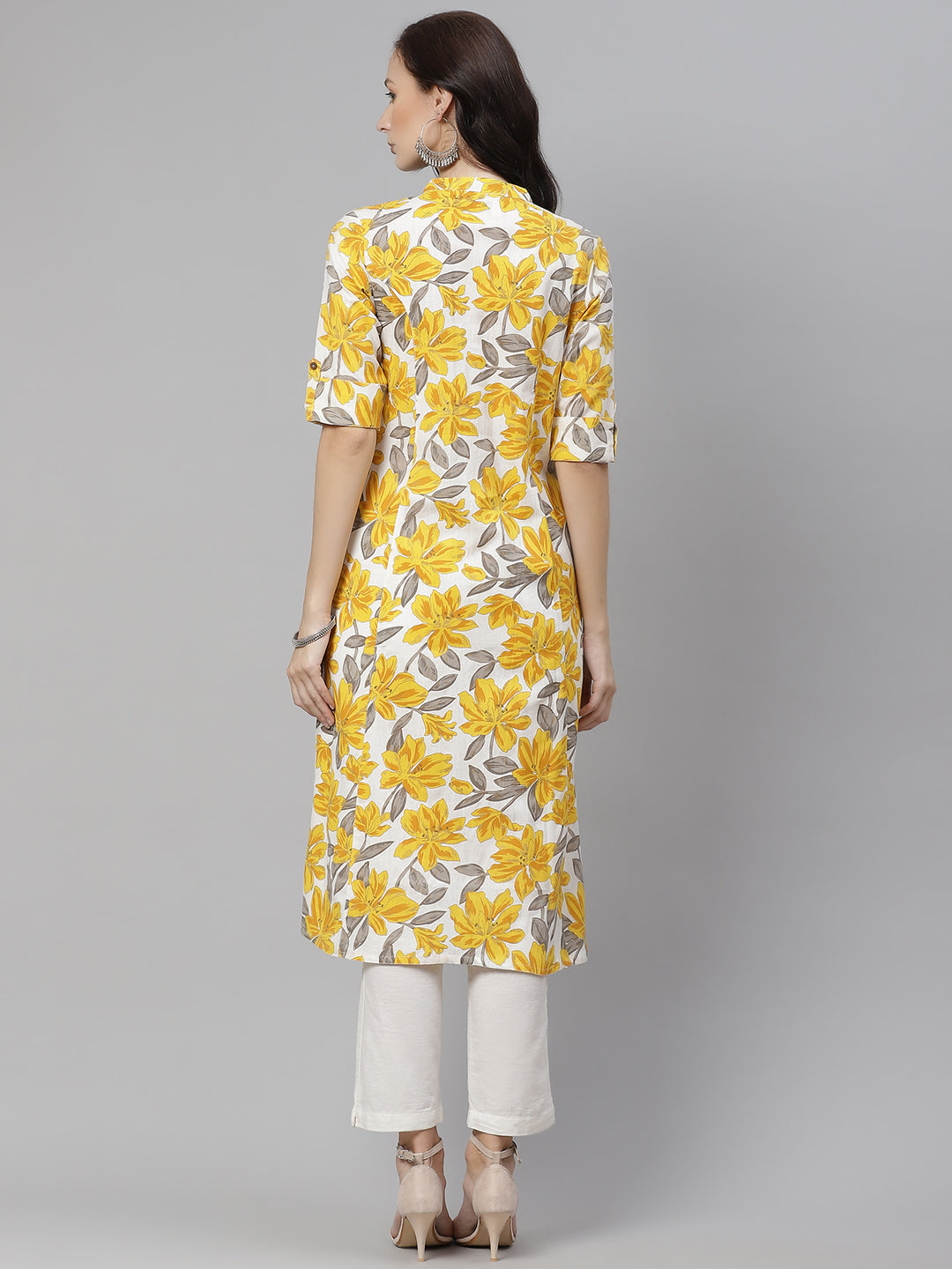 Women'S Yellow Floral Print Pure Cotton A-Line Kurta | LASVINI - Redefining Indian Fashion with Elegance