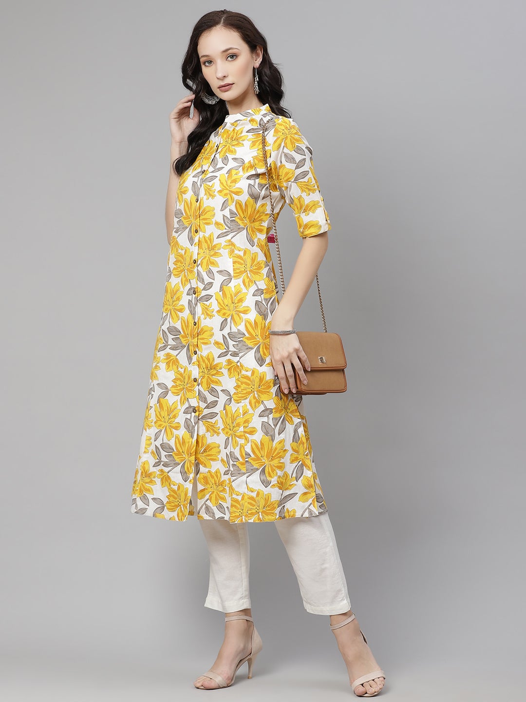 Women'S Yellow Floral Print Pure Cotton A-Line Kurta | LASVINI - Redefining Indian Fashion with Elegance