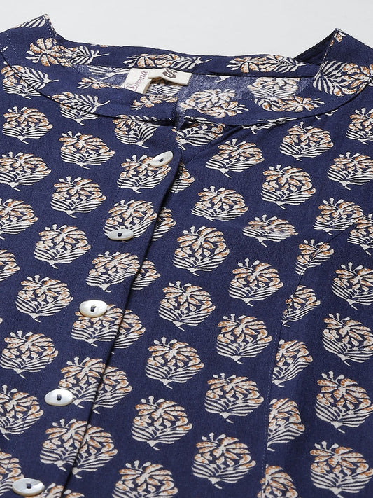 Women'S Indigo Blue Buti Print A-Line Rayon Kurta | LASVINI - Redefining Indian Fashion with Elegance
