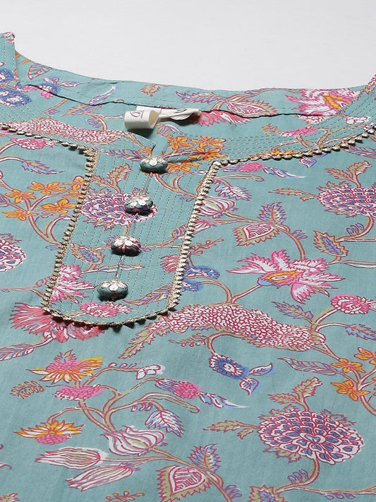 Women'S Green Printed Straight Cotton Kurta | LASVINI - Redefining Indian Fashion with Elegance