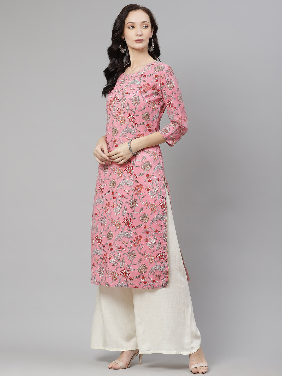 Women'S Pink Printed Straight Cotton Kurta | LASVINI - Redefining Indian Fashion with Elegance