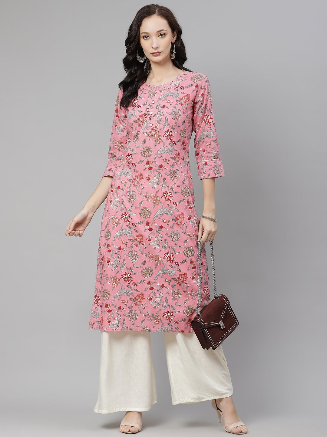 Women'S Pink Printed Straight Cotton Kurta | LASVINI - Redefining Indian Fashion with Elegance