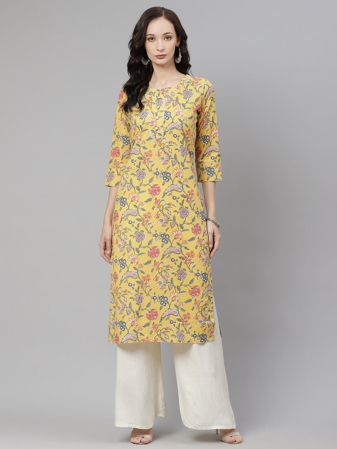 Women'S Yellow Printed Straight Cotton Kurta | LASVINI - Redefining Indian Fashion with Elegance
