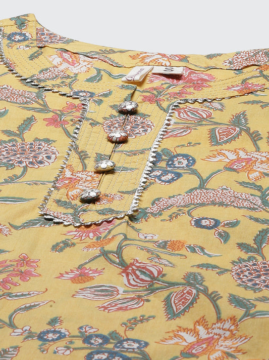 Women'S Yellow Printed Straight Cotton Kurta | LASVINI - Redefining Indian Fashion with Elegance